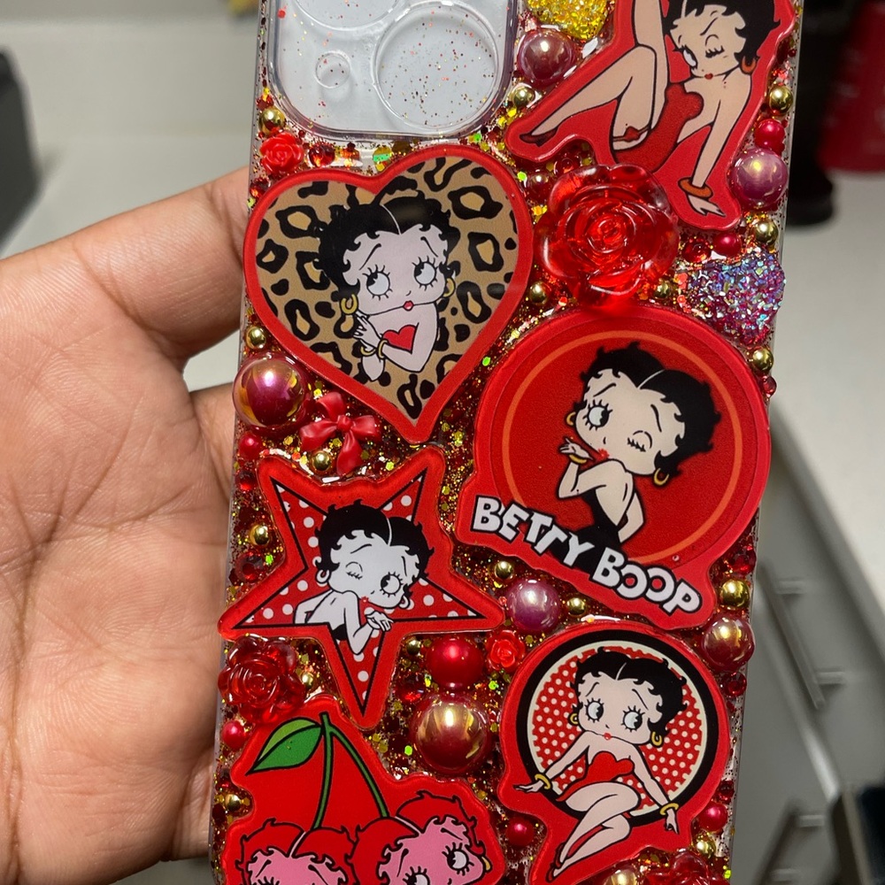 Betty Boop Red Decorative Phone Case with Character Stickers and Gold Accents